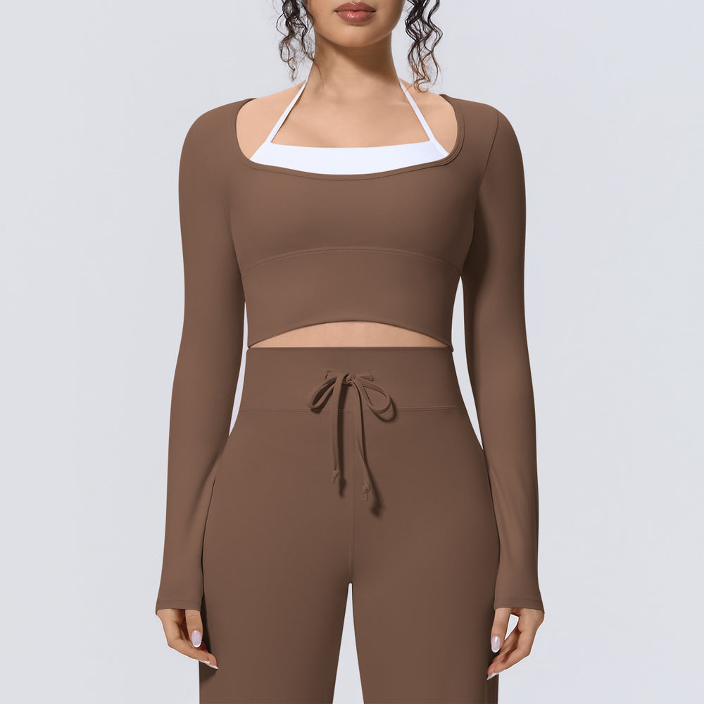 New arrival cross-border nude double-piece fake two-piece pure colorlong sleevest-shirttops tight sports running fitness yoga clothes