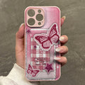 Pink denim embroidered butterfly phone case for iphone 17 & 16 - shockproof leather texture soft case - wholesale for women