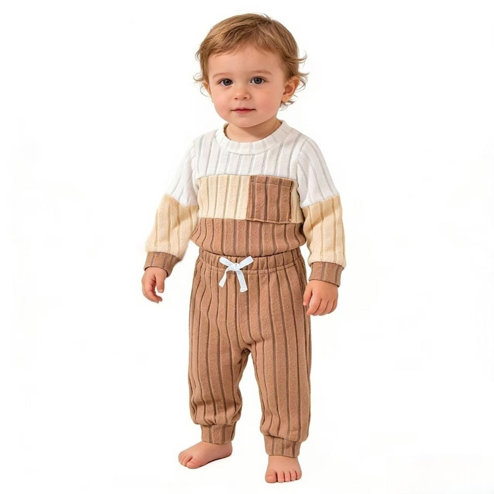 Baby boy & girl casual ribbed knit patchwork long sleeve top and pants set - spring/autumn collection