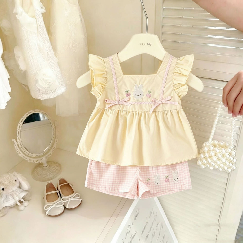Cute cartoon rabbit girl's summer outfit set -  new summer collection: memory foam bunny top & plaid pants for babies