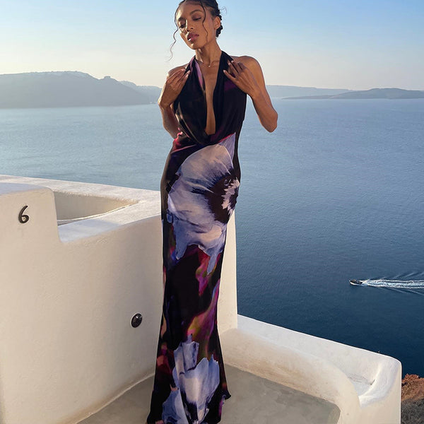 2022 new European and American women's clothing   manufacturers digital printing sexy drape collar long medium and long dress
