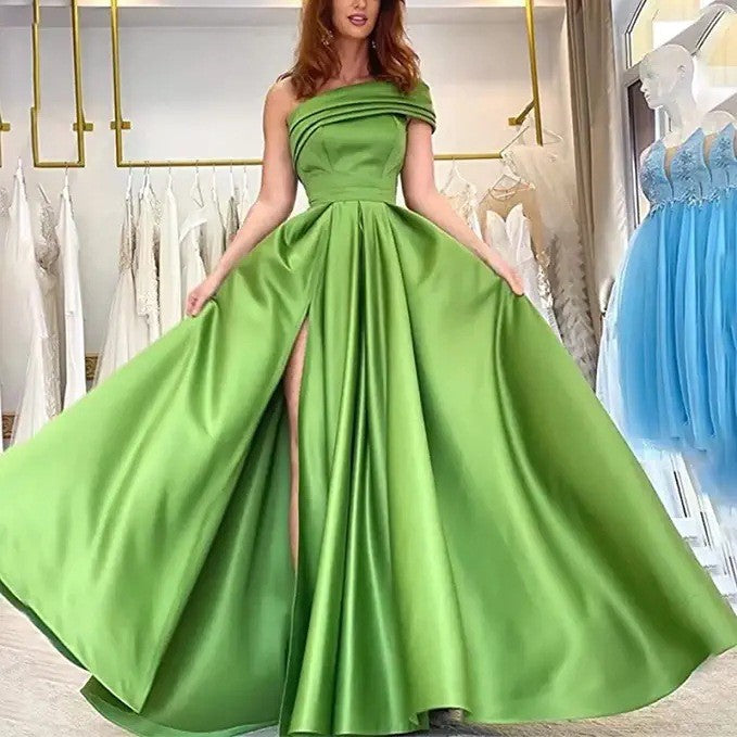 Export one-shoulder satin dress  evening dress birthday party tutu skirt green high slit sexy jumpsuit