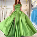 Export one-shoulder satin dress  evening dress birthday party tutu skirt green high slit sexy jumpsuit