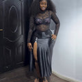 European and american cross-border women's fashion:  autumn new collection - elegant lace long-sleeve fitted top and slit midi skirt set