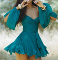cross-border e-commerce european and american women's clothing: new summer casual solid color cinched waist lantern sleeve ruffle hem dress