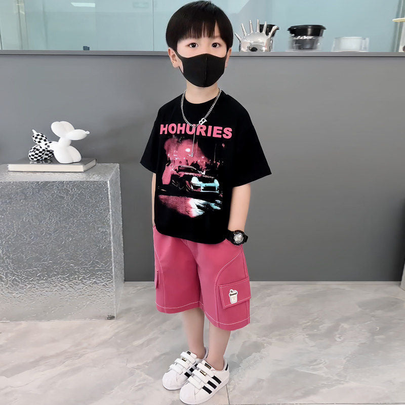 Boys' summer outfit set  new style children's clothing baby fashionable kids trendy middle and small children summer two-piece set