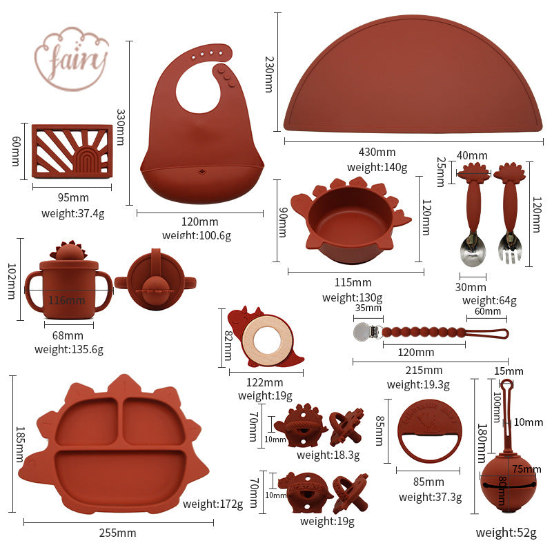 Factory custom logo baby silicone dinosaur bowl tableware set children's complementary food bowl fork spoon bib tableware set