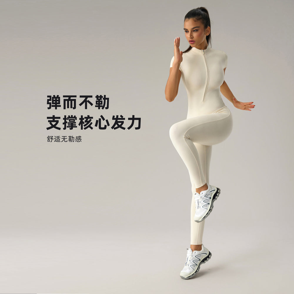 European and american nude feel zipper short sleeve yoga bodysuit - tummy control, butt lift, slimming workout leggings - dlt001