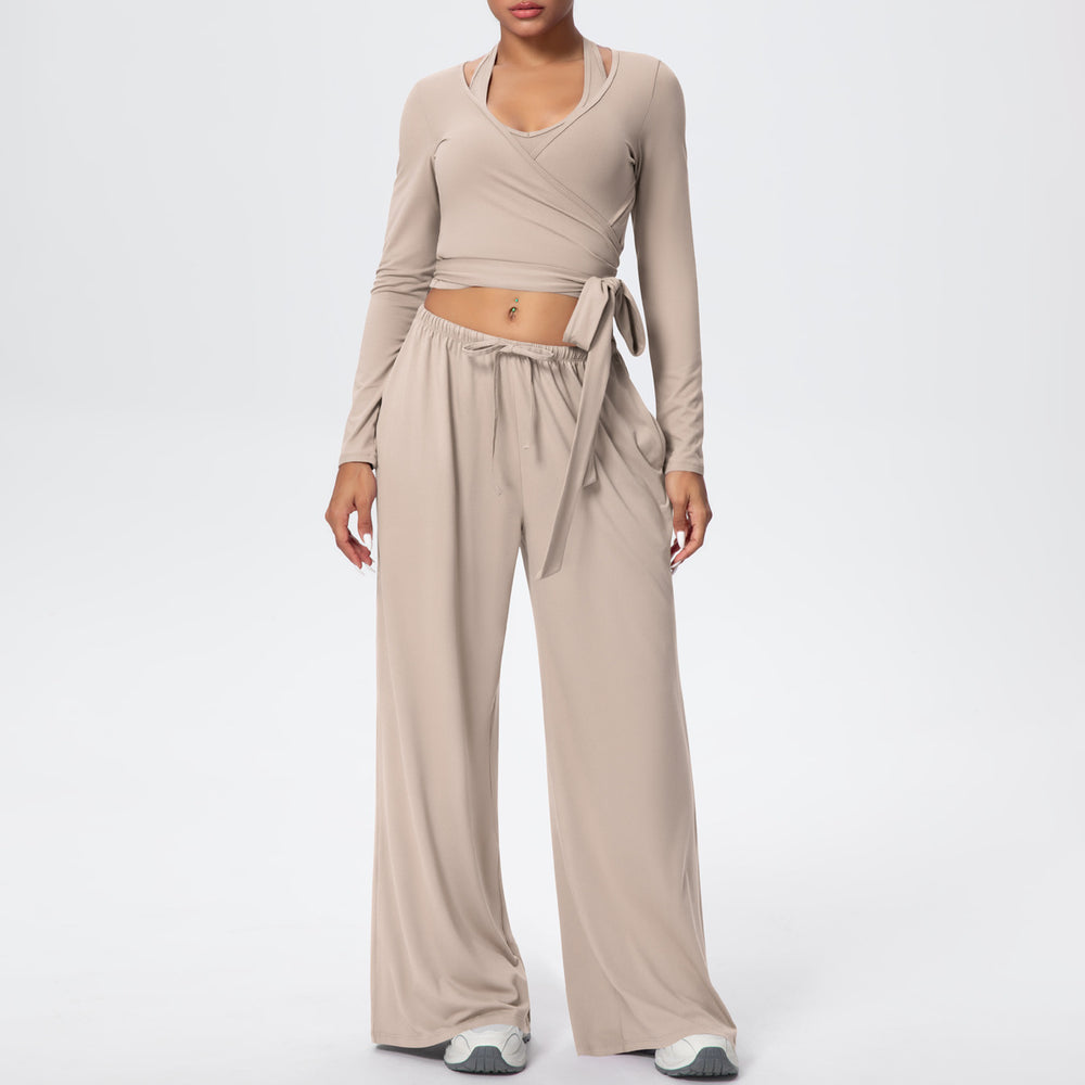 New arrival: solid color double-sided brushed fleece drawstring long-sleeve tank top three-piece set - perfect for sports, running, fitness, and yoga