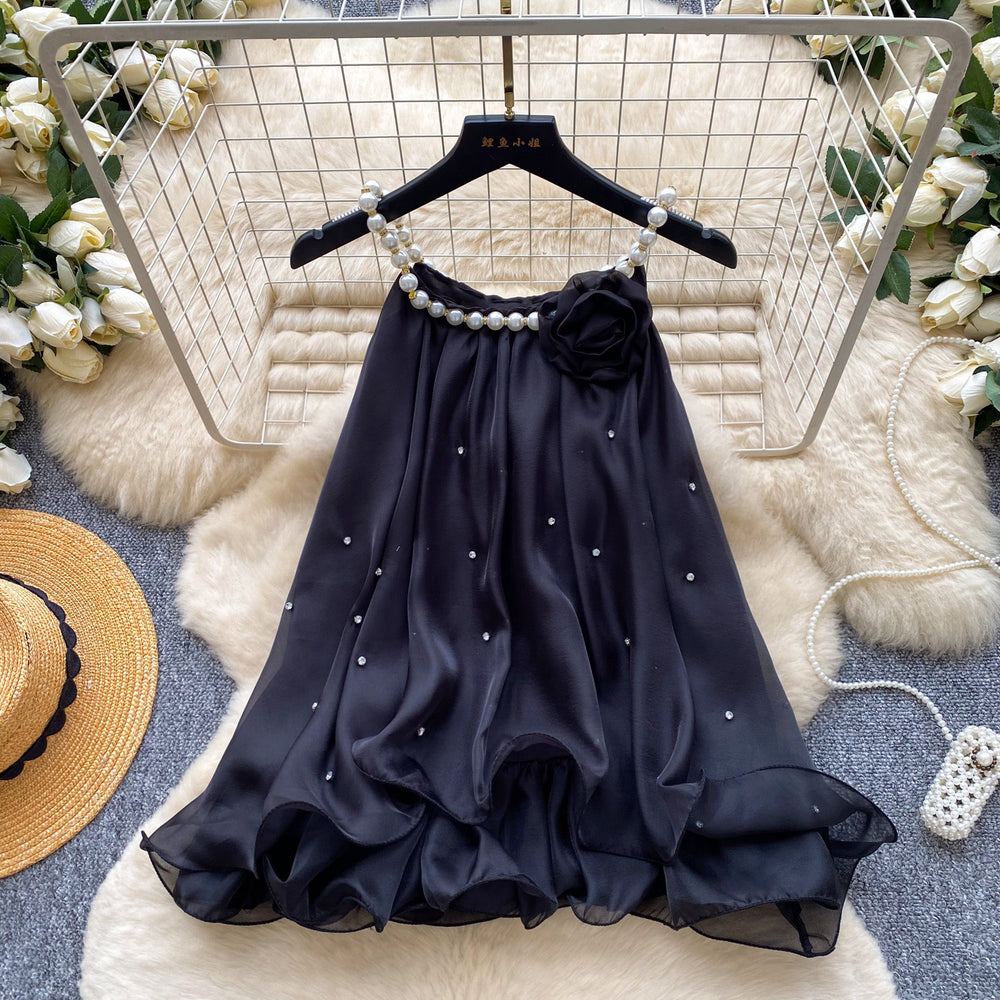 French chic pearl-embellished camisole - women's summer design with ruffle trim, pink, commute-friendly, and elegant top