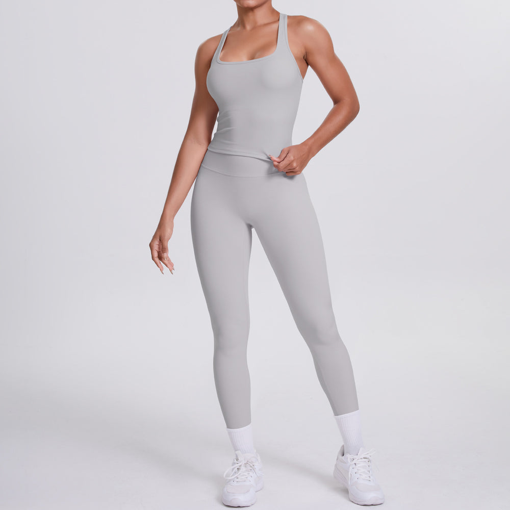 fashion double-sided brushed pure color tight i-shaped back sports suit running fitness yoga clothes two-piece set