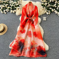 Fashion style large version dress women's fashion styleeasiest for match lapel waist strap mid-length pleated printingoutwear