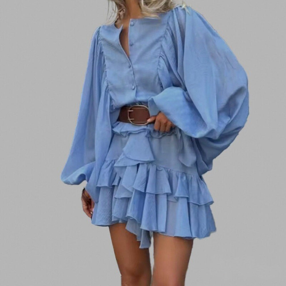 cross-border e-commerce women's fashion: european and american summer new arrivals - casual elegant solid color ruffle lantern sleeve dress