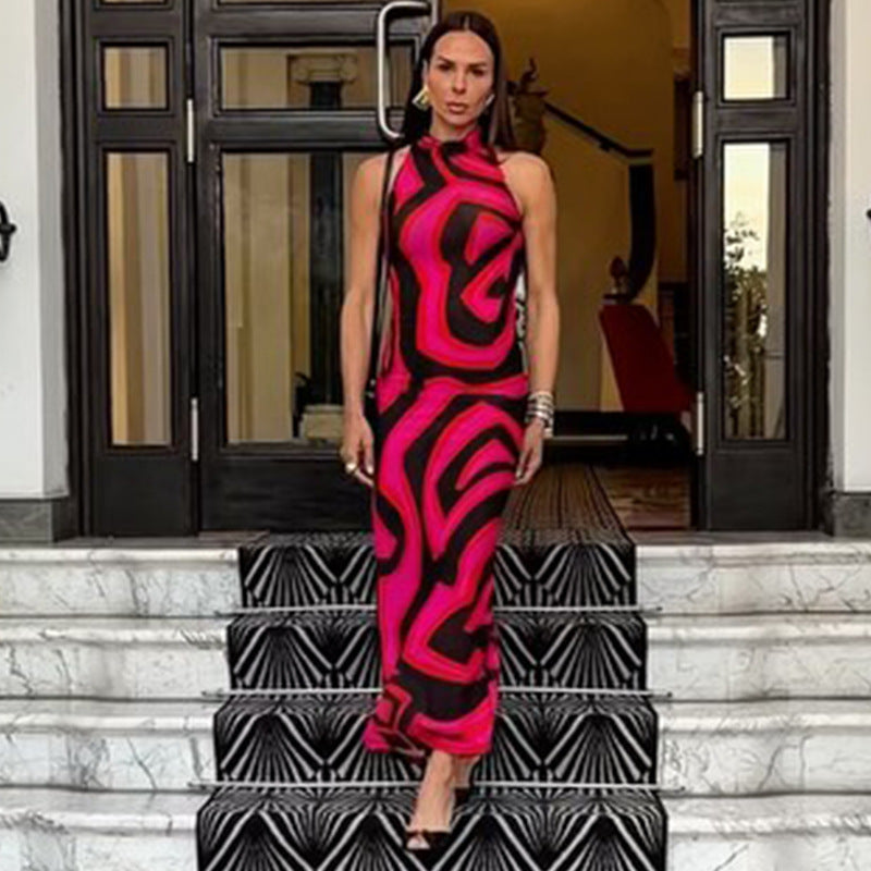 European and american style cross-border new casual women's color block striped home wear bodycon dress high neck sleeveless maxi dress wholesale
