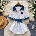 Korean style commute chic: denim patchwork turn-down collar shirt - women's summer short sleeve, cinched waist, tie-up, slimming, designer top