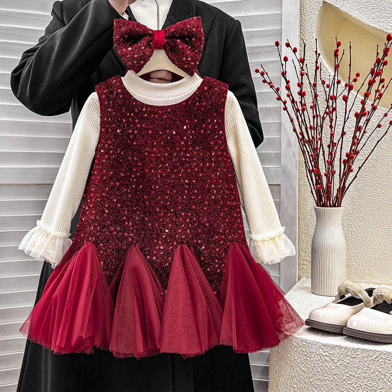 Girls' dress  winter collection: stylish and chic red fleece-lined vest dress, warm long-sleeve set