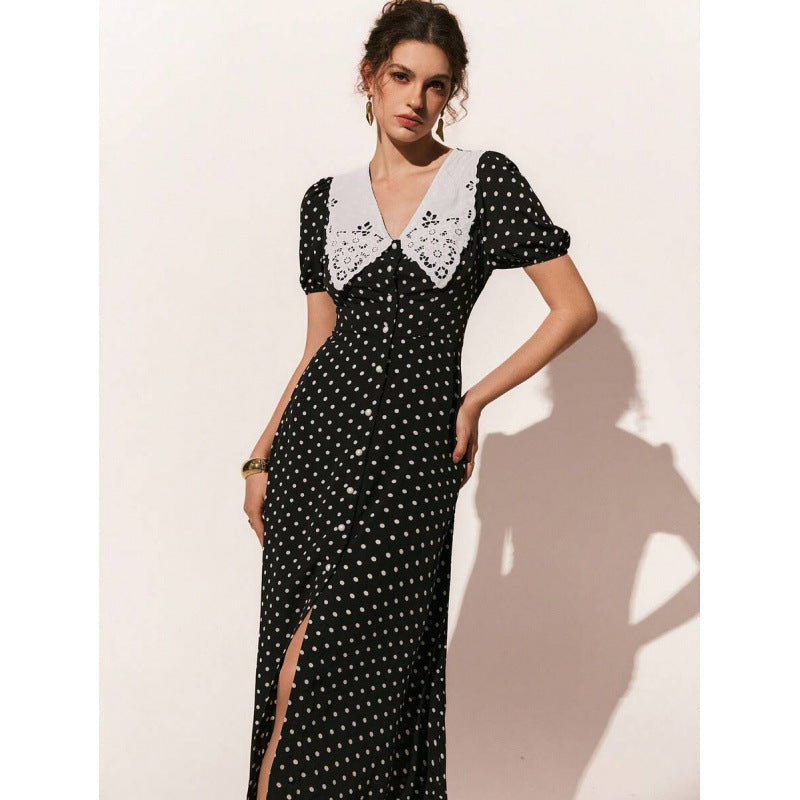 Amazon european style retro casual elegant polka dot pattern puff sleeve single-breasted elegant long dress