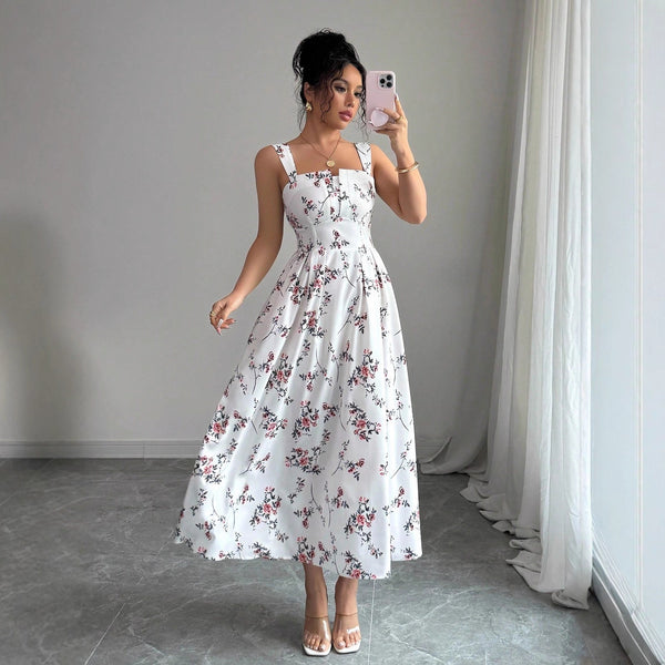's latest floral elegant dress with waist pleats, spring and summer women's dress