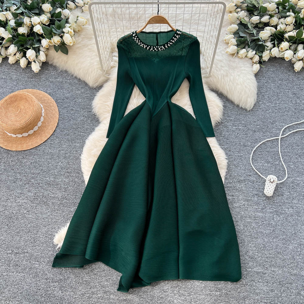 Miya european and american dress women's  autumn fashion beaded round neck long sleeve waist slimmingelegant pleated long skirt