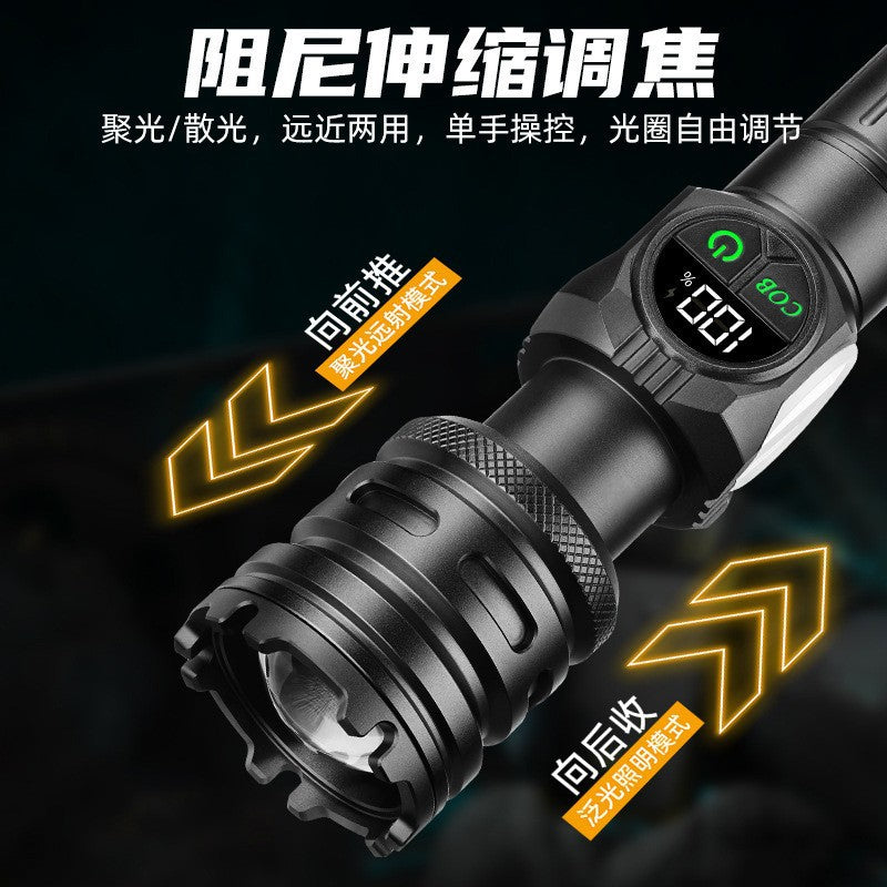 Cross-border new telescopic zoom white laser + COB strong light flashlight, outdoor long-range strong magnetic LED flashlight