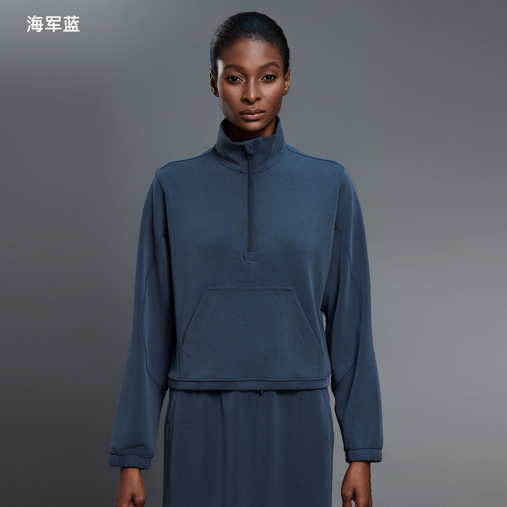 Casualloose half-zip sweatshirt women's autum windproof stand collar drawstring hem fitness sports topsd25136