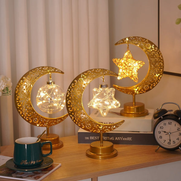LED wrought iron moon lamp round ball lamp star moon lamp Muslim holiday decorative lamp bedroom table lamp ambient modeling lamp