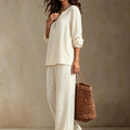 european and american plus size off-white cotton linen two-piece set: small v-neck, half-open placket long sleeve top and loose wide-leg pants