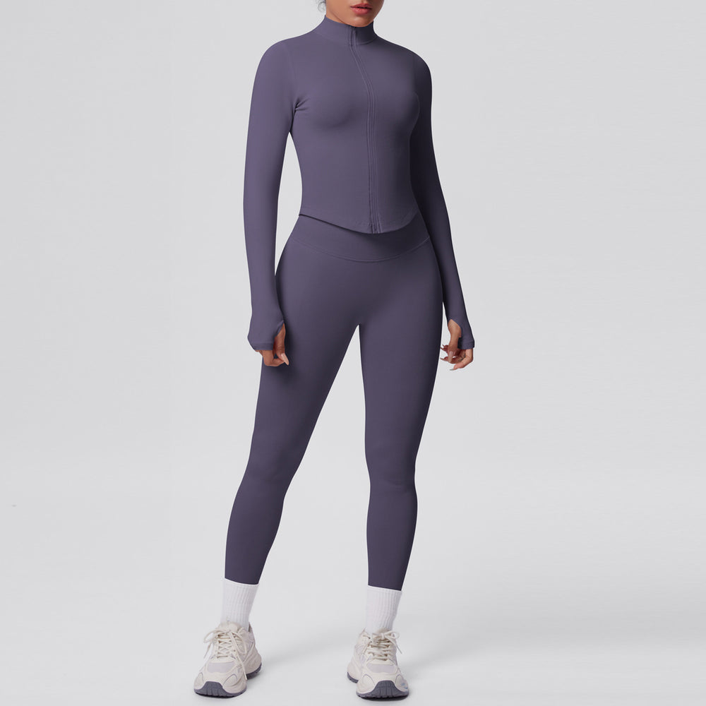 seamless pure color tight high elastic breathable zipper nine-point sports suit running fitness yoga suit two-piece set