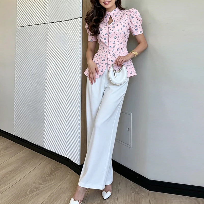 summer new women's clothing - cross-border  fashion, european & american style, versatile printed single-breasted stand collar blouse