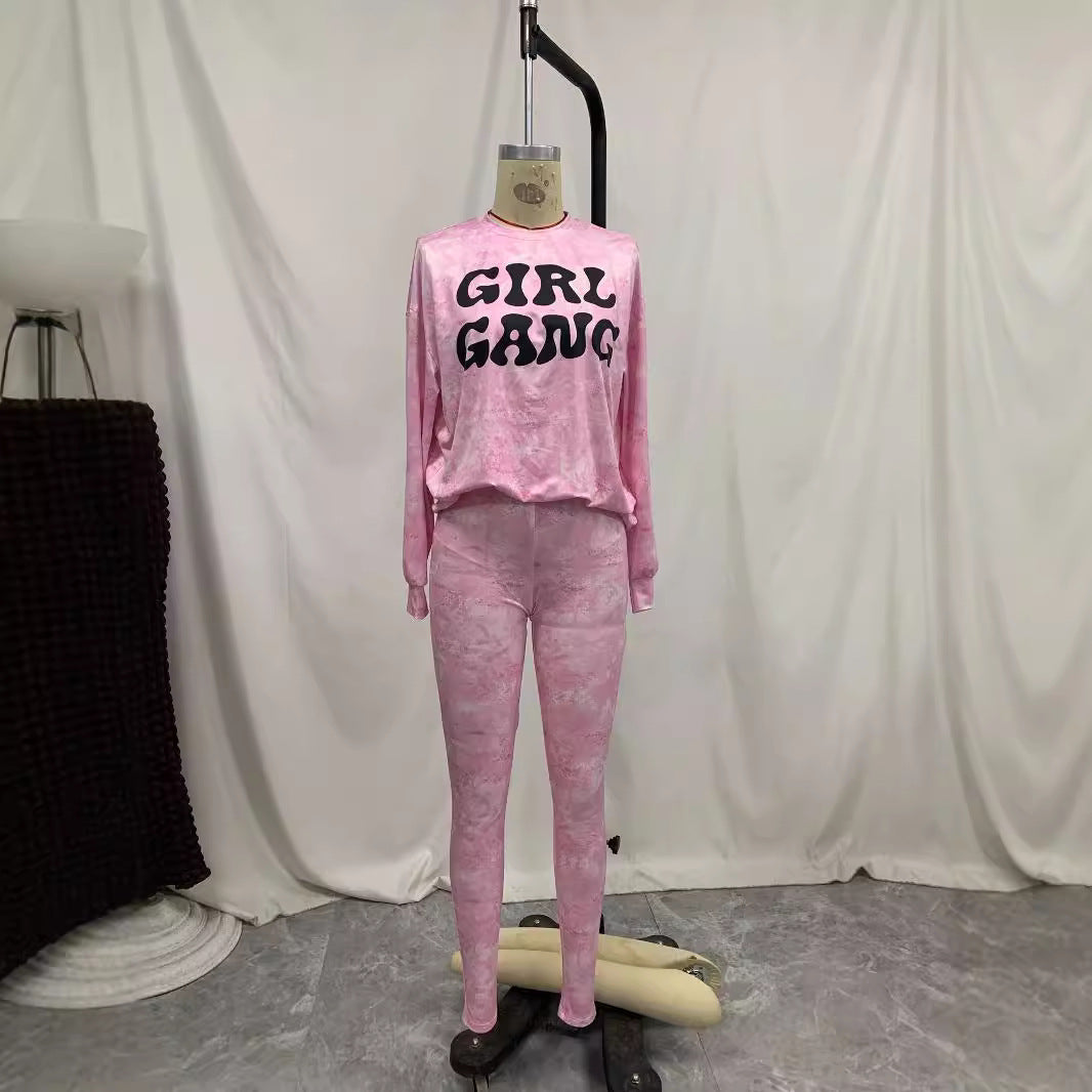 Cross-border European and American solid color round neck pullover trousers tie-dye printing fashion casual long-sleeved sweater suit women