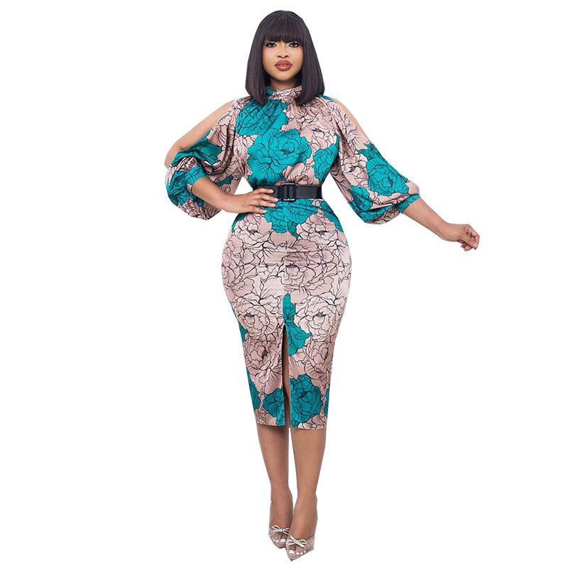fashion african women's digital printing long sleeves waist bag hip professional style fashion dress special price