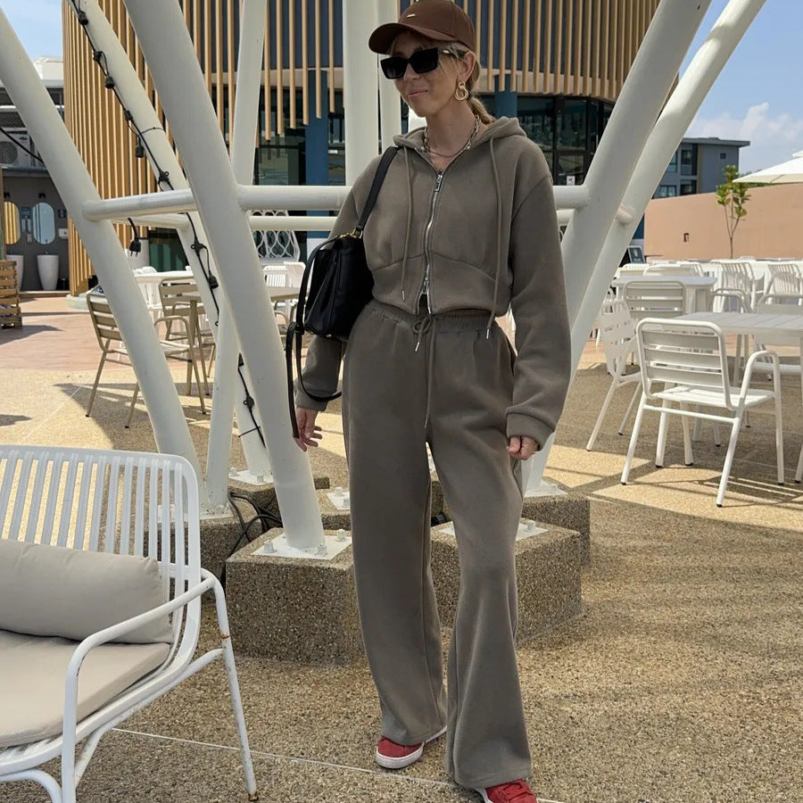 Cross-border European and American women's fashion sports suit solid color long-sleeved zipper hooded cardigan sweater casual pants two-piece set