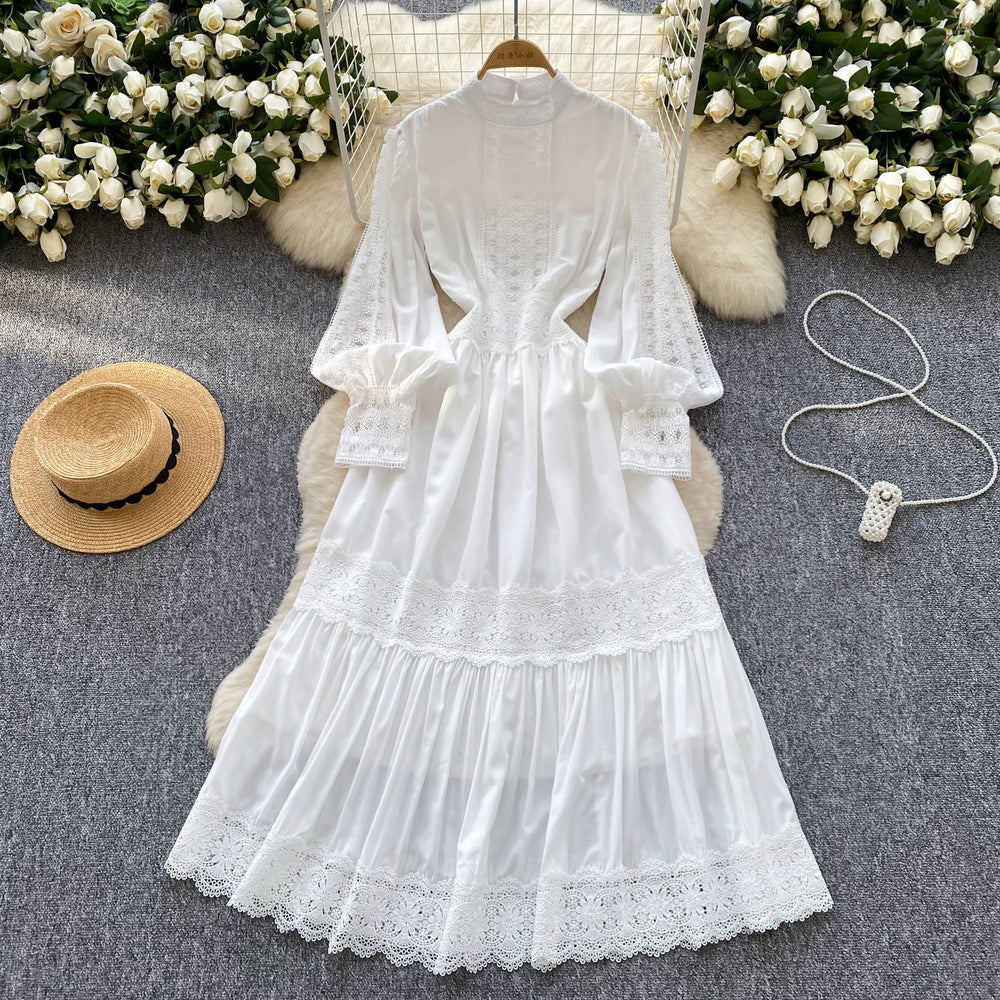 French style women's dress: court-inspired, slim-fit, hollow-out lace panel, flowy maxi dress for vacation