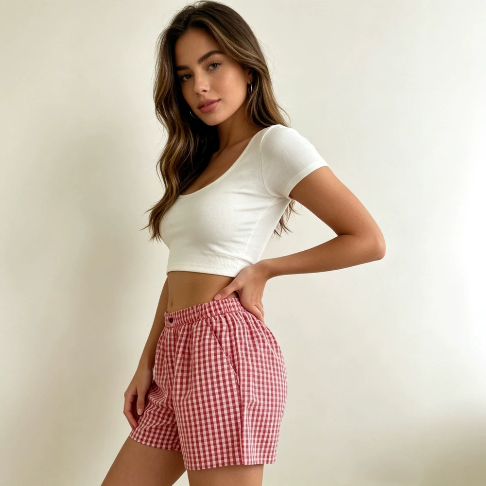 european and american export cross-border slim-fit spicy girl low-rise casual home plaid shorts