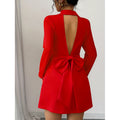 Women's autumn/winter fashionable and elegant blazer collar double-breasted v-neck open back big bow long sleeve short dress