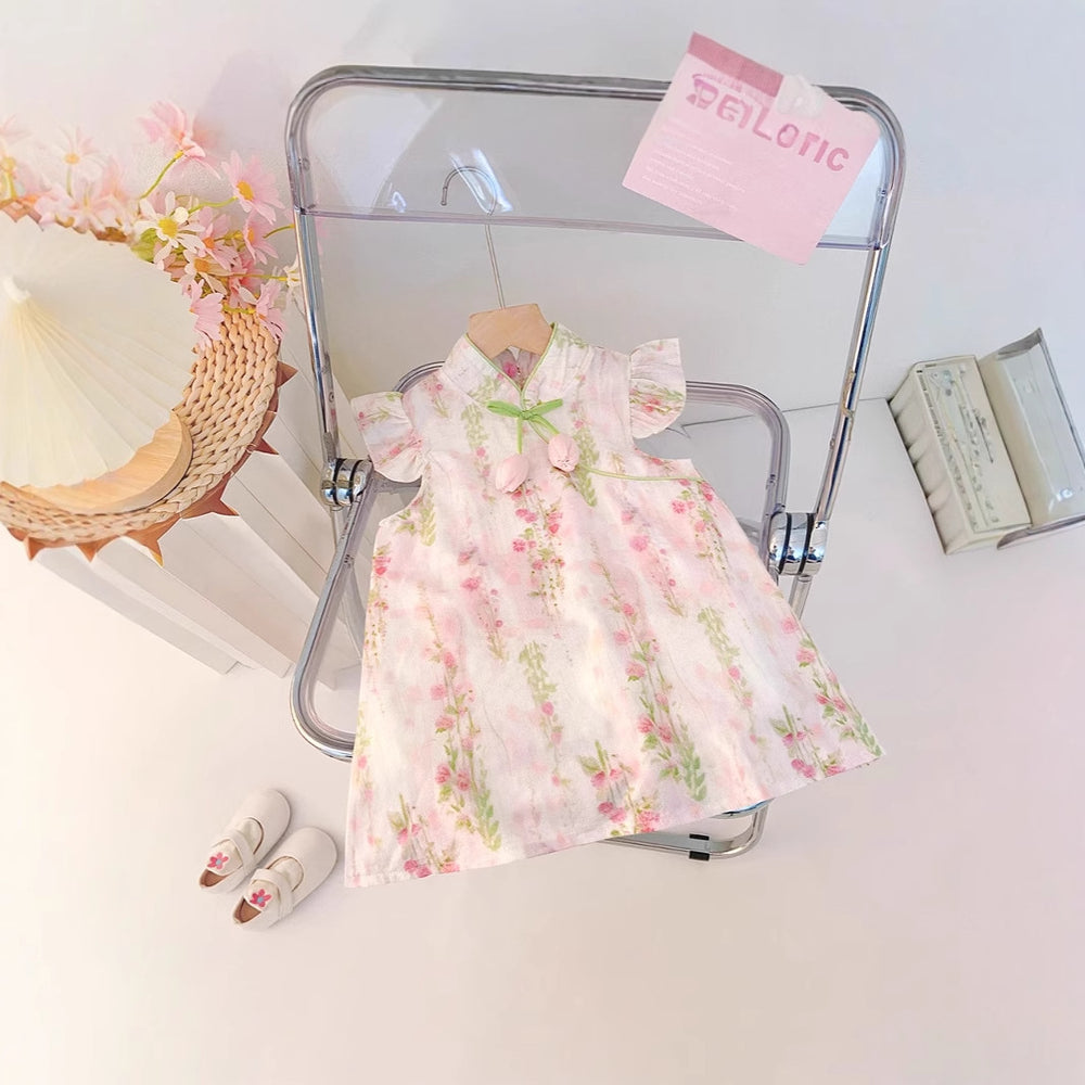 Summer lightweight chic girls' dress - floral cheongsam princess dress for baby girls - perfect for summer and first birthday celebrations