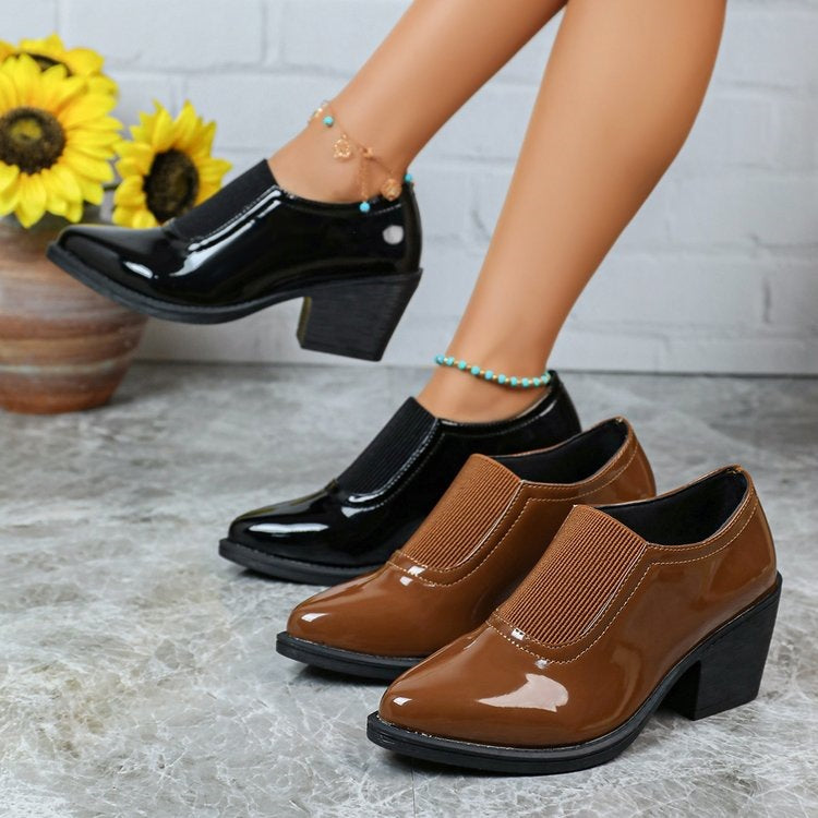Export patchwork elastic pointed toe women's shoes thick heel deep mouth plus sizeflatsretro medium heel fashion professional small leather shoes