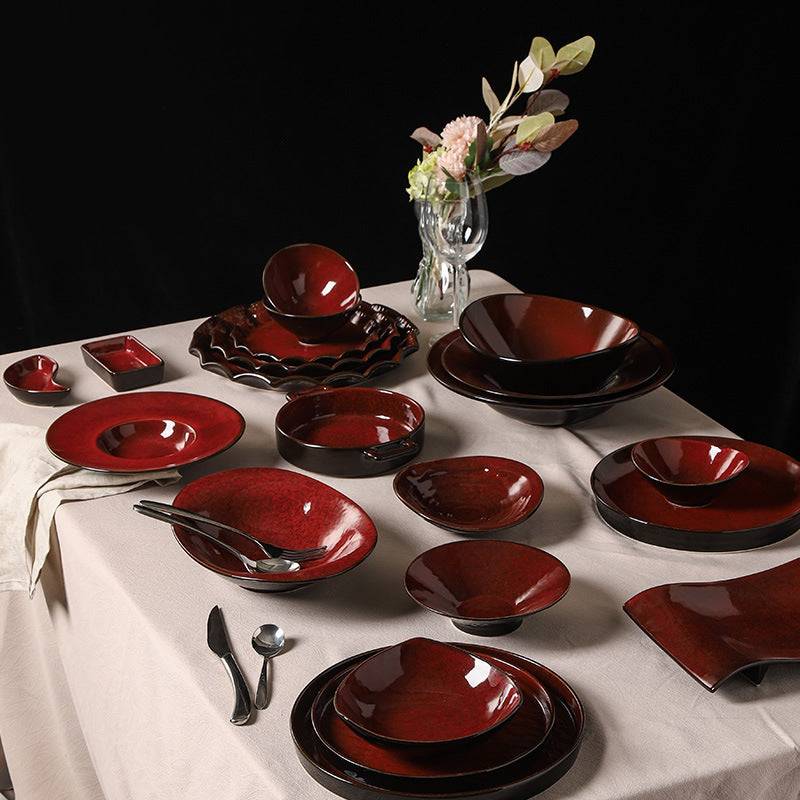 Personalized burgundy ceramic restaurant hotel tableware embossed exquisite fruit dessert plate tea tray for home dish plate salad bowl