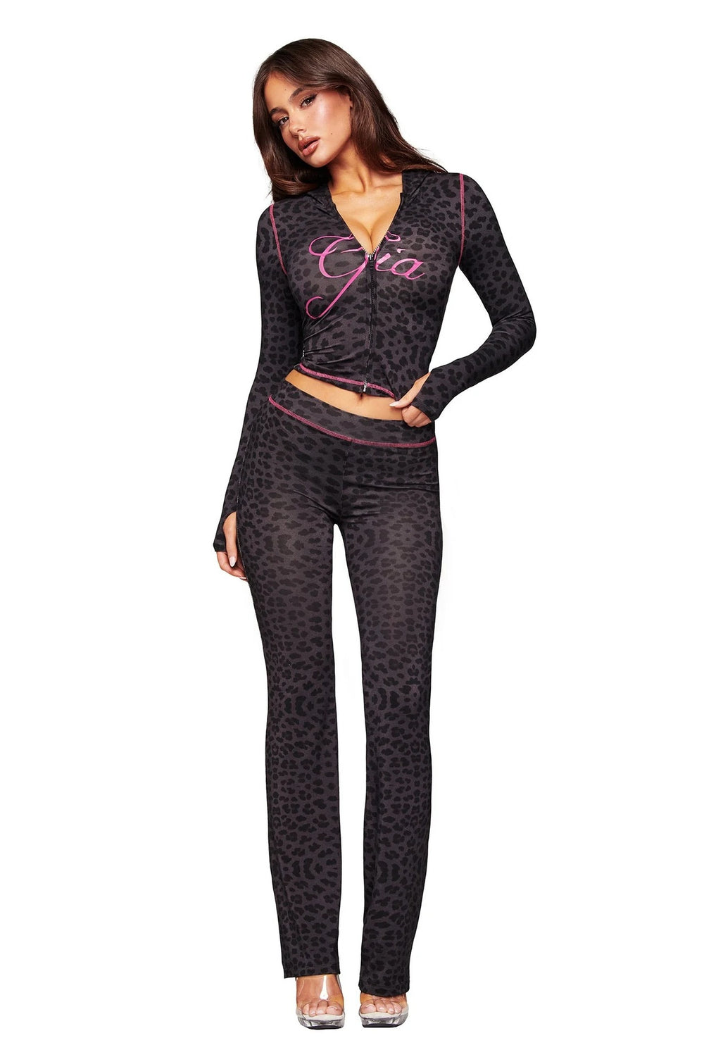 new arrival: ins-style fashion print trendy streetwear leopard print zip-up long sleeve jacket and pants set