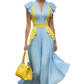 Amazon european style elegant color block ruched v-neck maxi dress - new summer slimming and figure-flattering dress