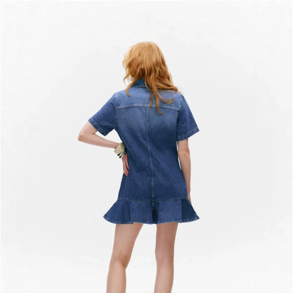 European and american commute style: high-end, age-defying, unique ruffle trim denim dress - slimming, collared, midi length