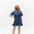 European and american commute style: high-end, age-defying, unique ruffle trim denim dress - slimming, collared, midi length