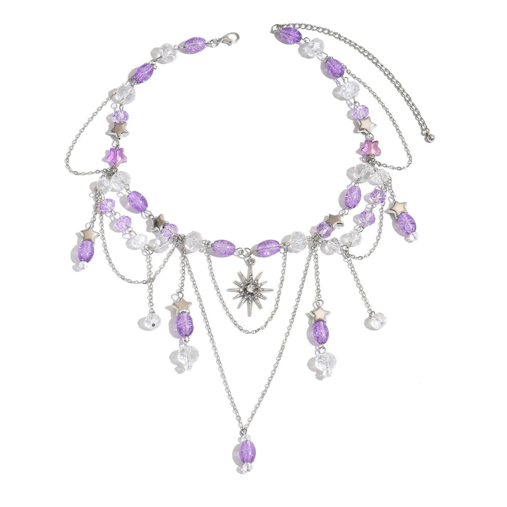 European and american cross-border purple fairy style tassel sun pendant necklace women's retro french layered necklace
