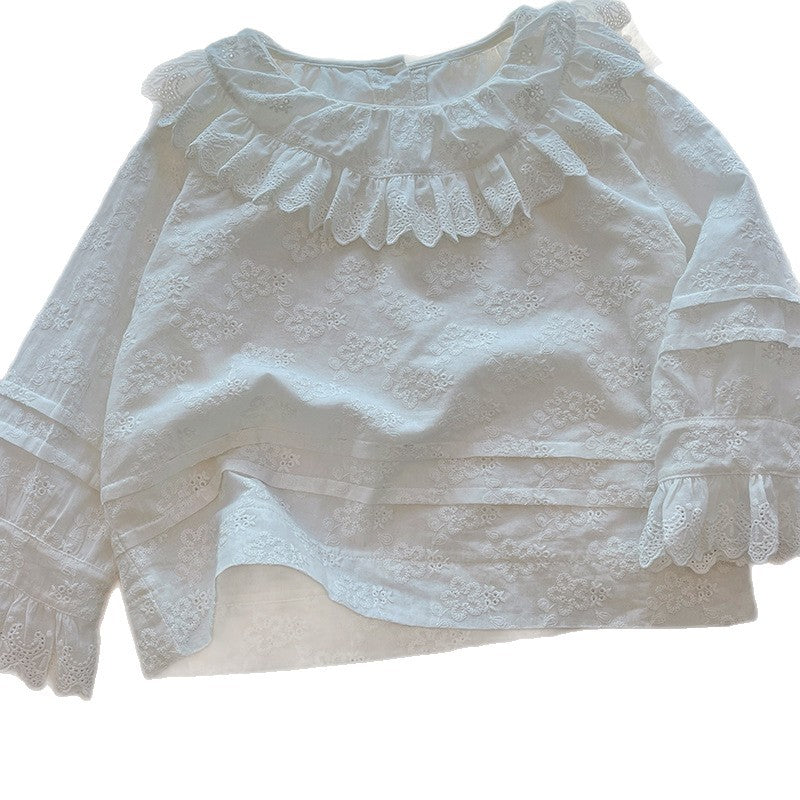 Girls' fall blouse  new long-sleeve heavy lace collar shirt - stylish spring/autumn top for kids