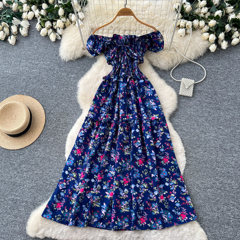 French sweet style square neck floral dress women's summer korean style ruched waist tie-up a-line elegant maxi dress - red