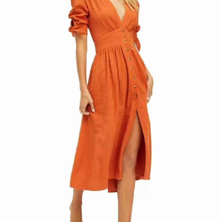 2026 cross-border amazon women's fashion: european and american style sexy deep v-neck long button-down long sleeve dress, short sleeve option available