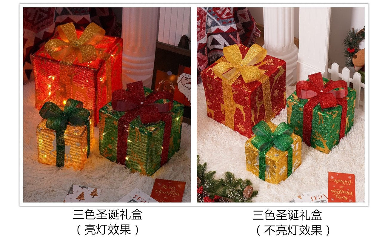 Popular Christmas gift box three-piece Christmas light decoration ambient light ins wind indoor and outdoor flashing ornament