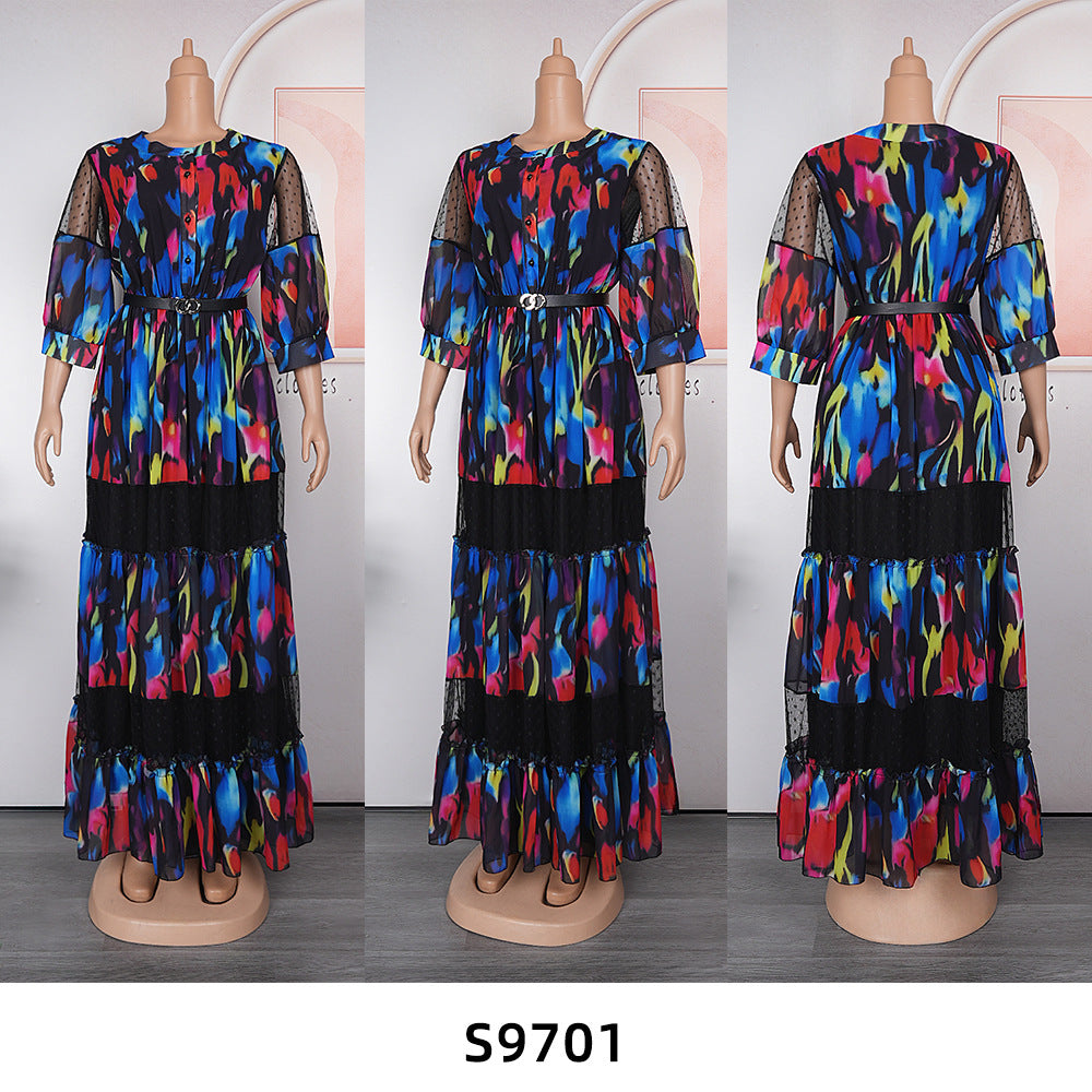 new cross-border spring/summer european and american style floral dress, african  fashion long printed dress