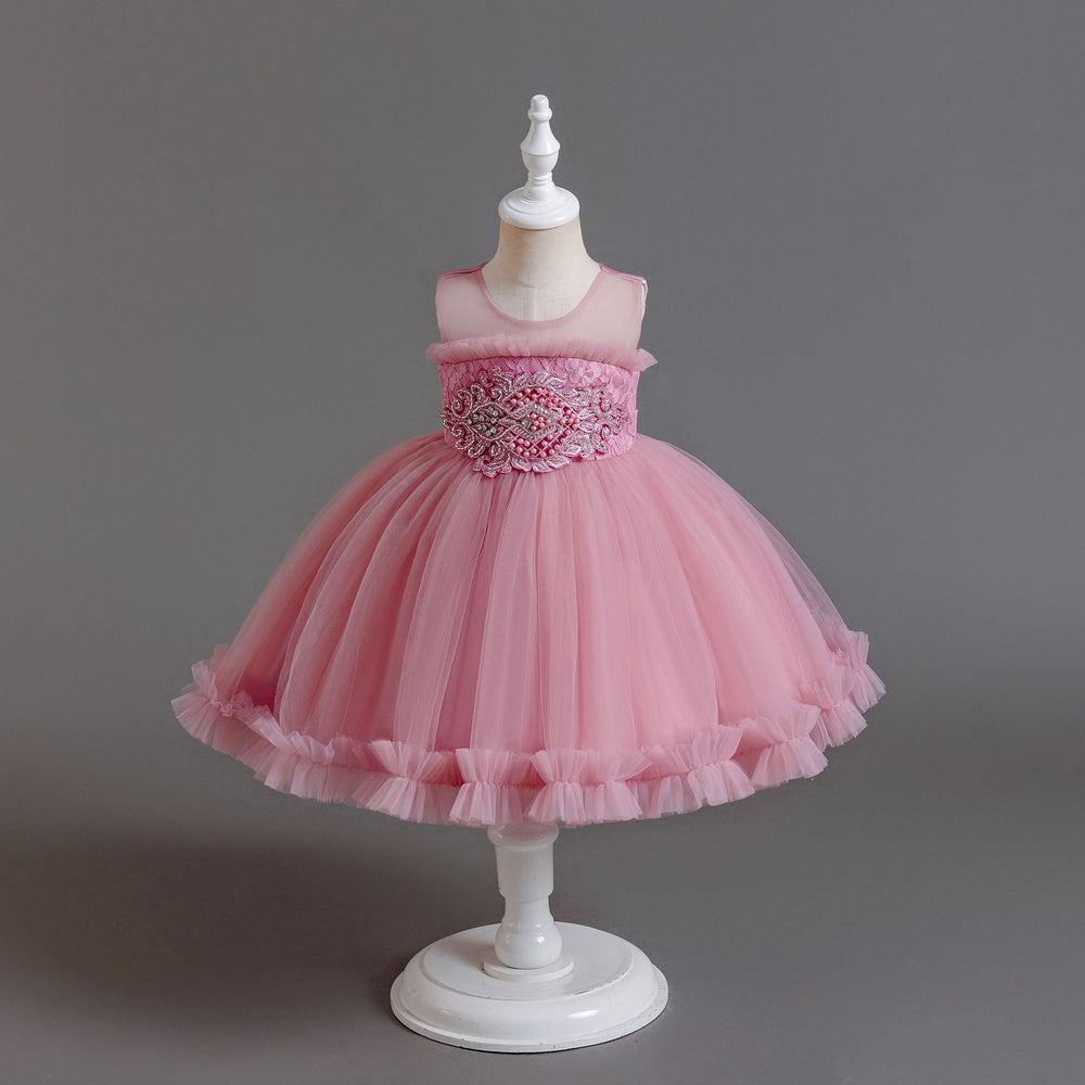Ready-to-ship new children's formal dress: pearl-embellished tulle princess gown for baby girls, perfect for first birthday photoshoots and special occasions. kids dress