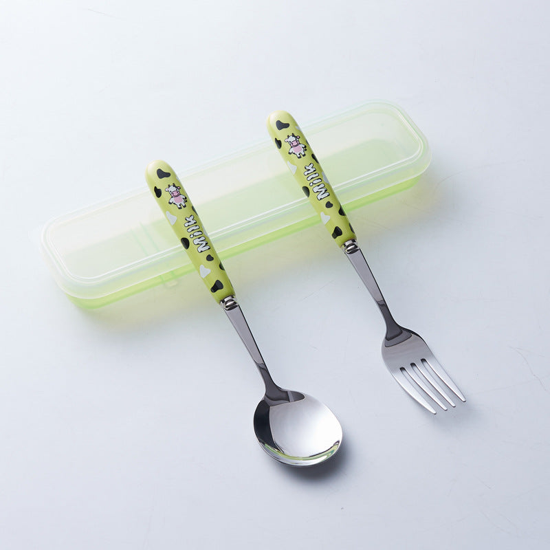 Portable storage cutlery set - cute cow design stainless steel children's dinnerware set: fork, spoon, and chopsticks